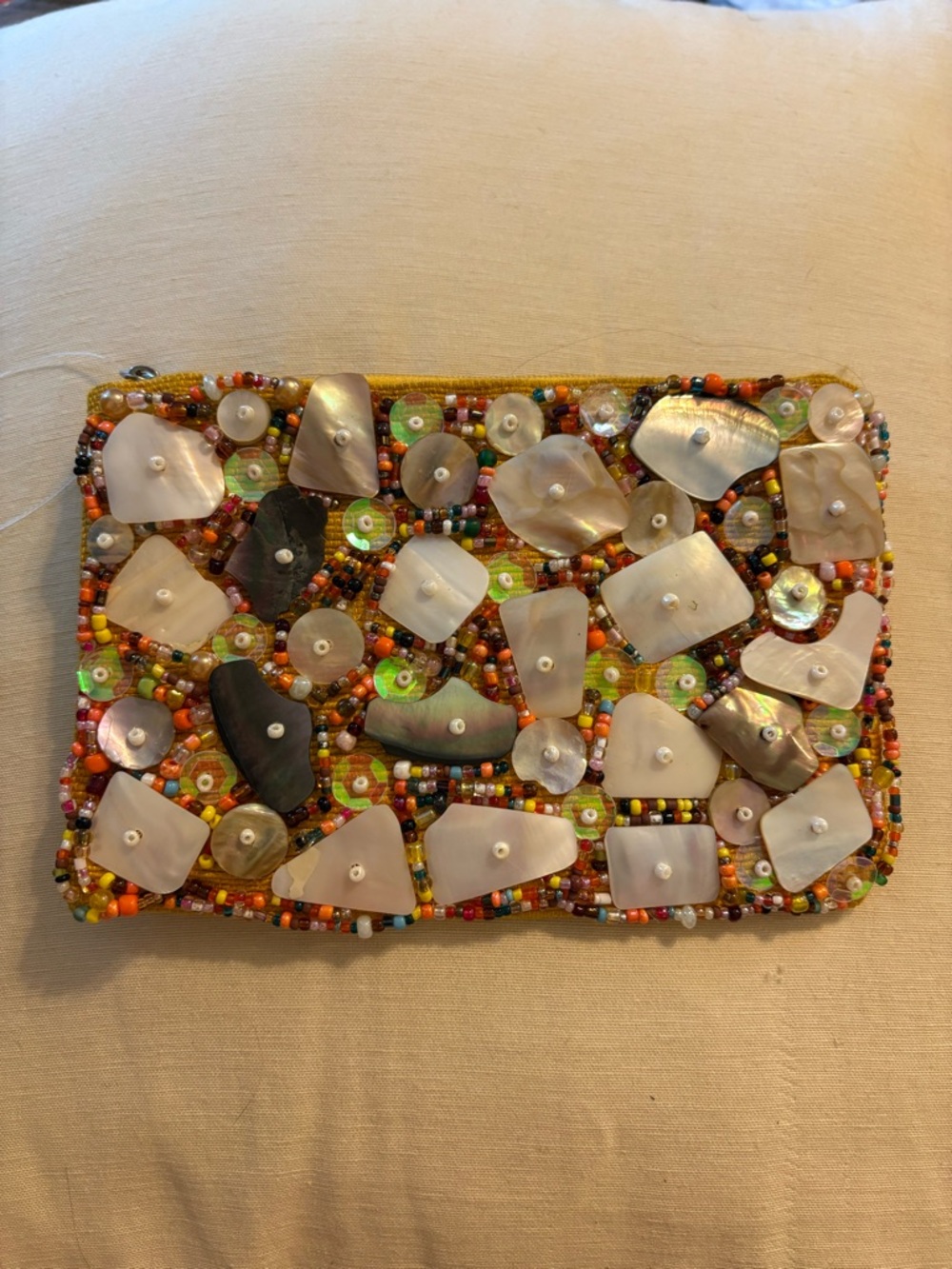 Hand Beaded Zippered Change Purse Abalone, Multicolored Beads, Sequins Yellow